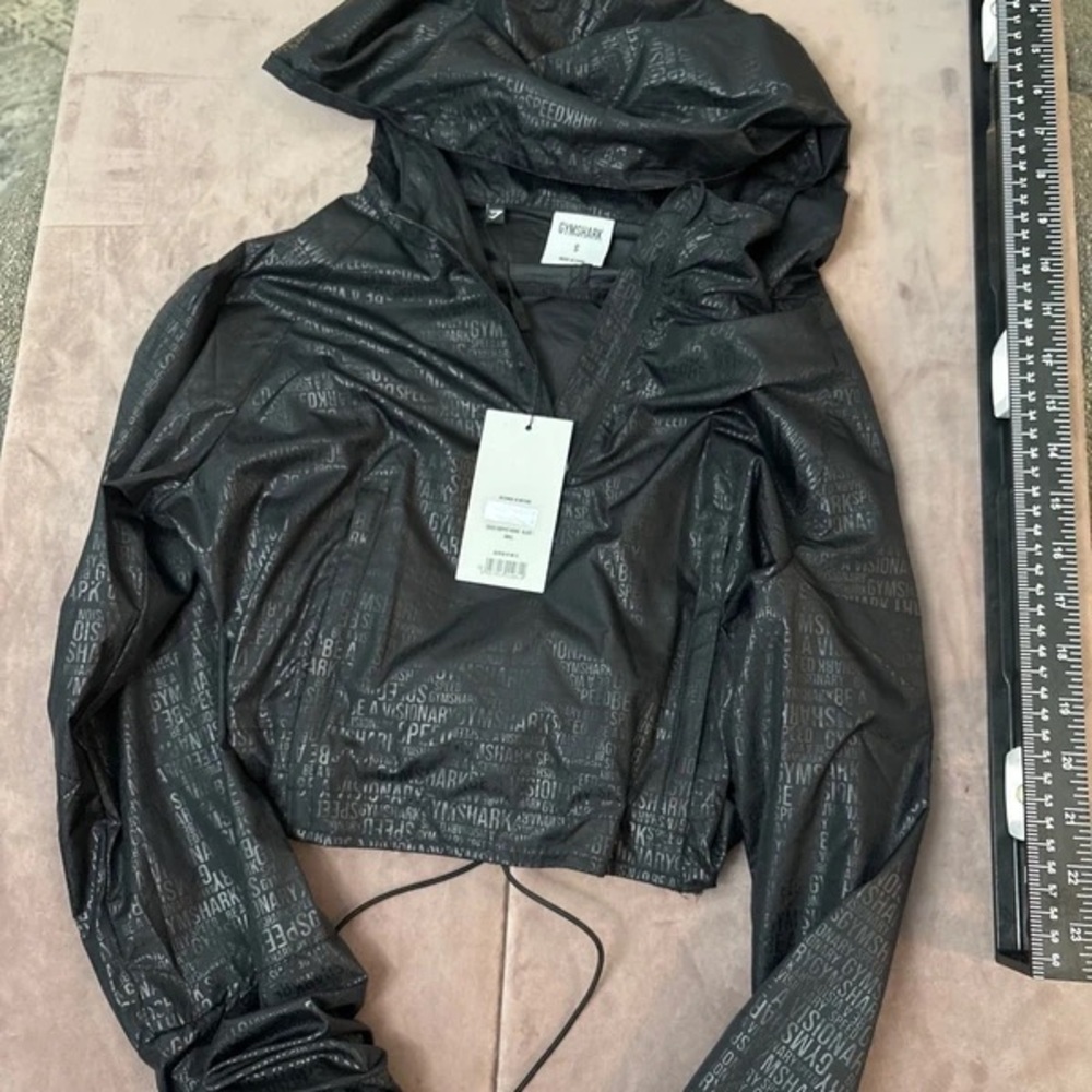 Gymshark Black Cropped Hooded Bomber with Tonal Logo